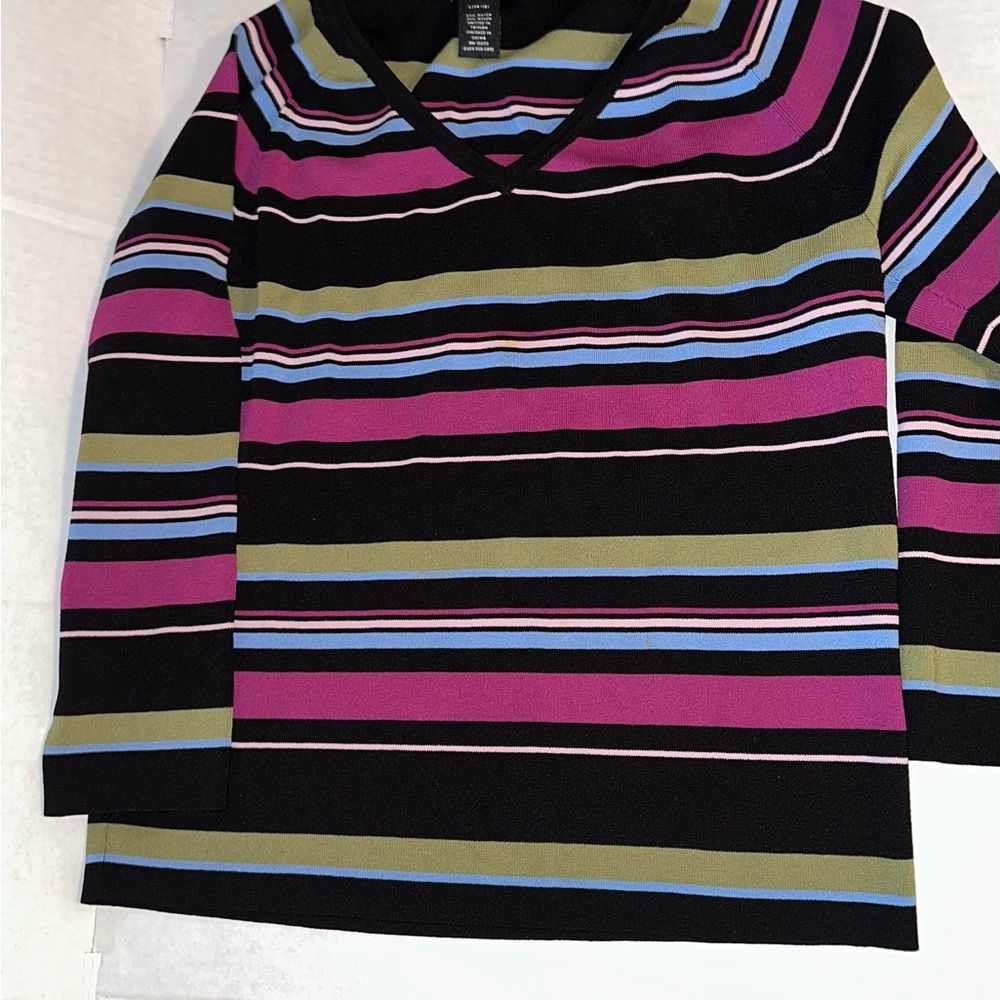 Apostrophe Black, Magenta & Olive Striped V-Neck Sweater